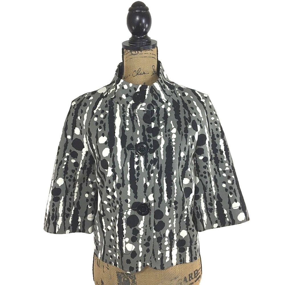 Trina Turk Jacket White Black Gray Splatter Dot Crop Swing Career Casual